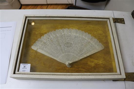 An early 19th century chinese ivory, brise fan 18cm in display case